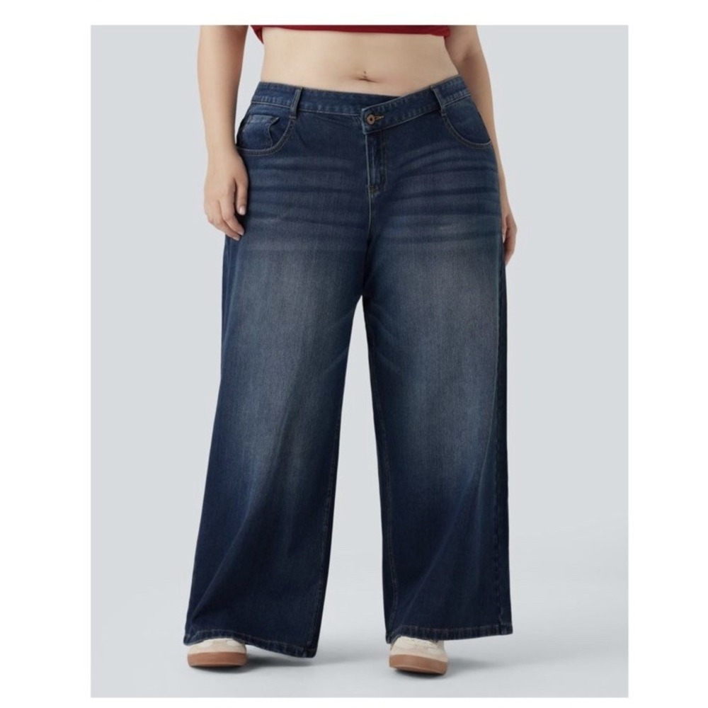 Halara Flex Wide Leg Jeans Asymmetric Crossover Waist Woman's 1X Blue NWT